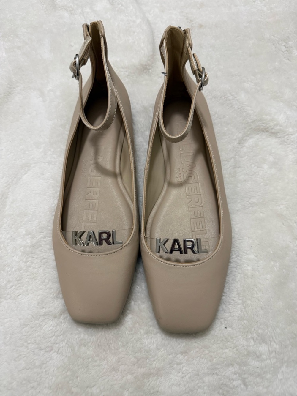 Karl Lagerfeld Beige Ankle-Strap Square-Toe Flats